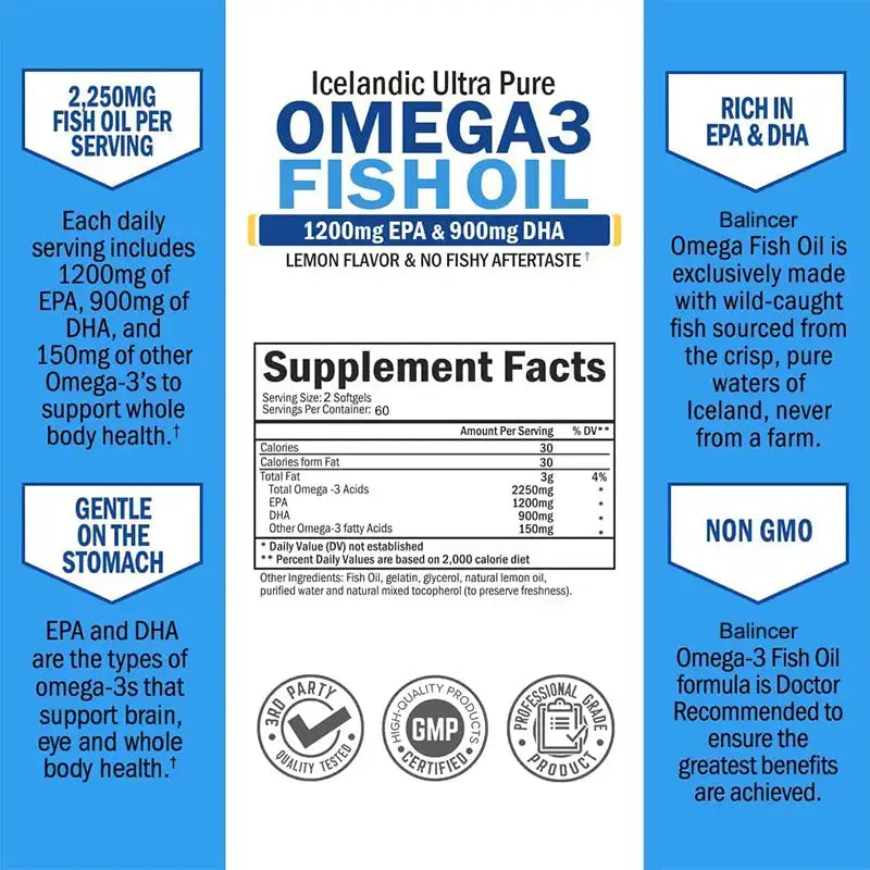 Fish Oil Omega 3 Contains EPA 1200mg & DHA 900mg - for Joints, Eyes, Cognitive Supplement, Non-GMO, Gluten Free