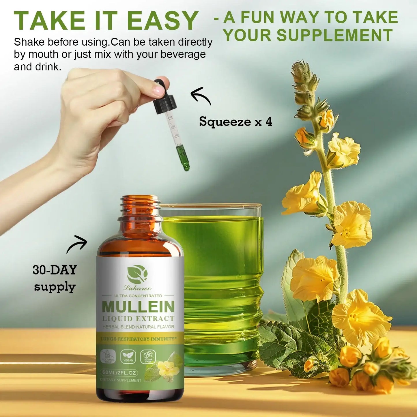 Lukaree Mullein Extract Drop 98% MAXIMIZE ABSORPTION Clean Lungs Relaxed Breathing Strong Immunity Digestion System Support