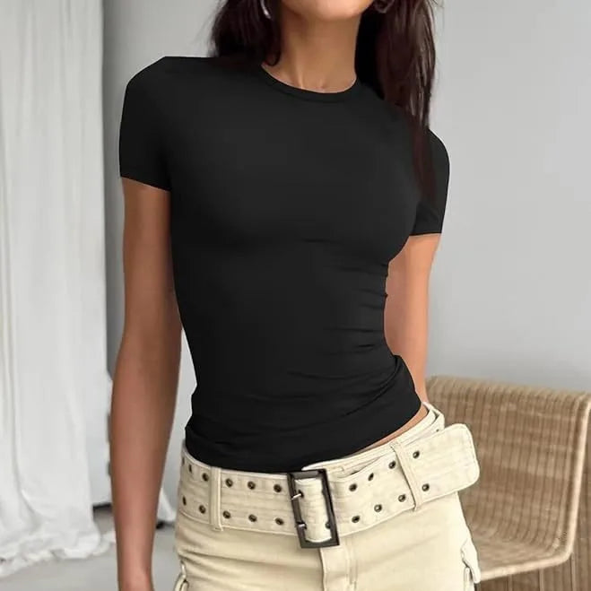 Women Short Sleeve T-shirts Causal O Neck Solid Slim Fit Tee Summer Sexy Basic Crop Top Simple T Shirt Female Y2K Tops Clothes