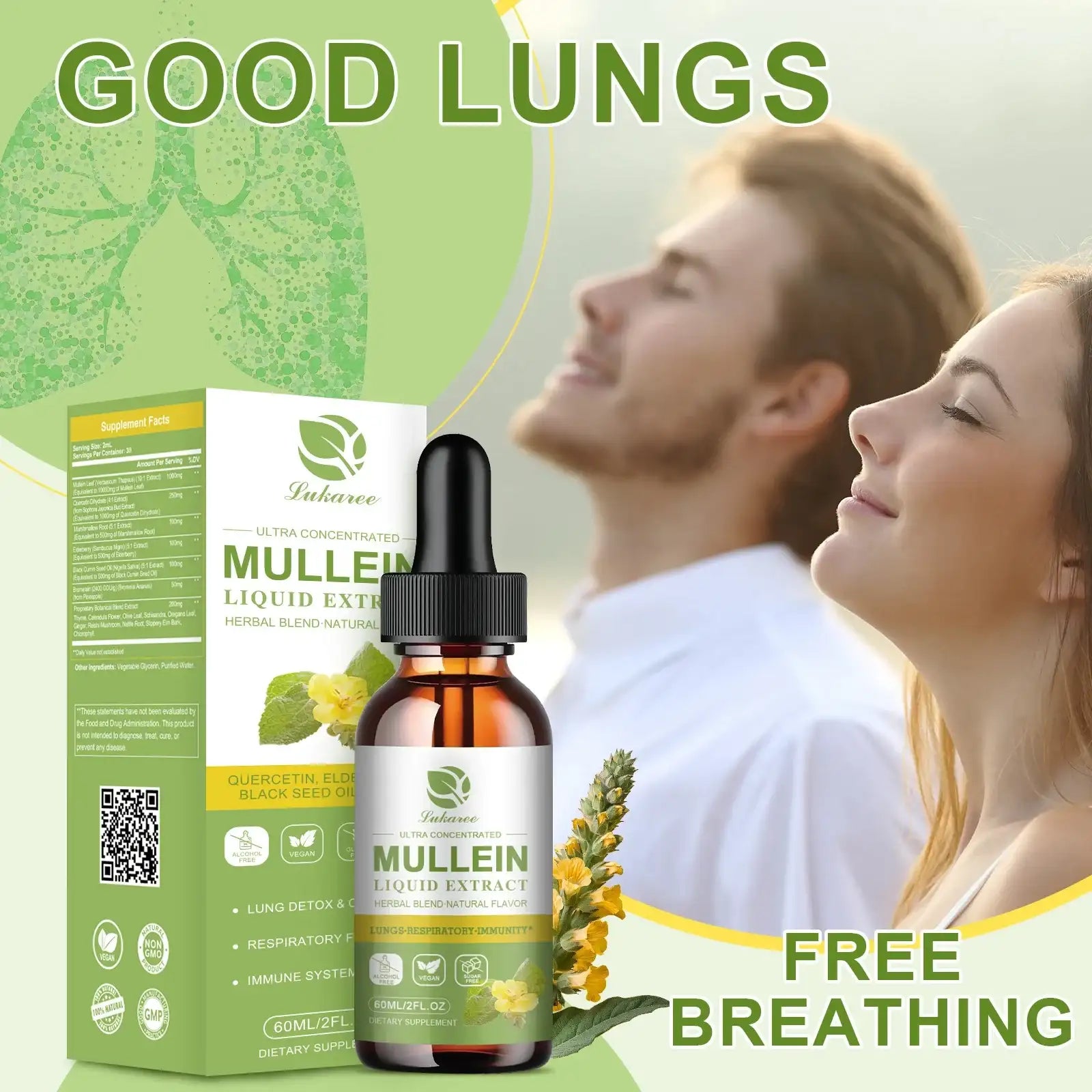 Lukaree Mullein Extract Drop 98% MAXIMIZE ABSORPTION Clean Lungs Relaxed Breathing Strong Immunity Digestion System Support