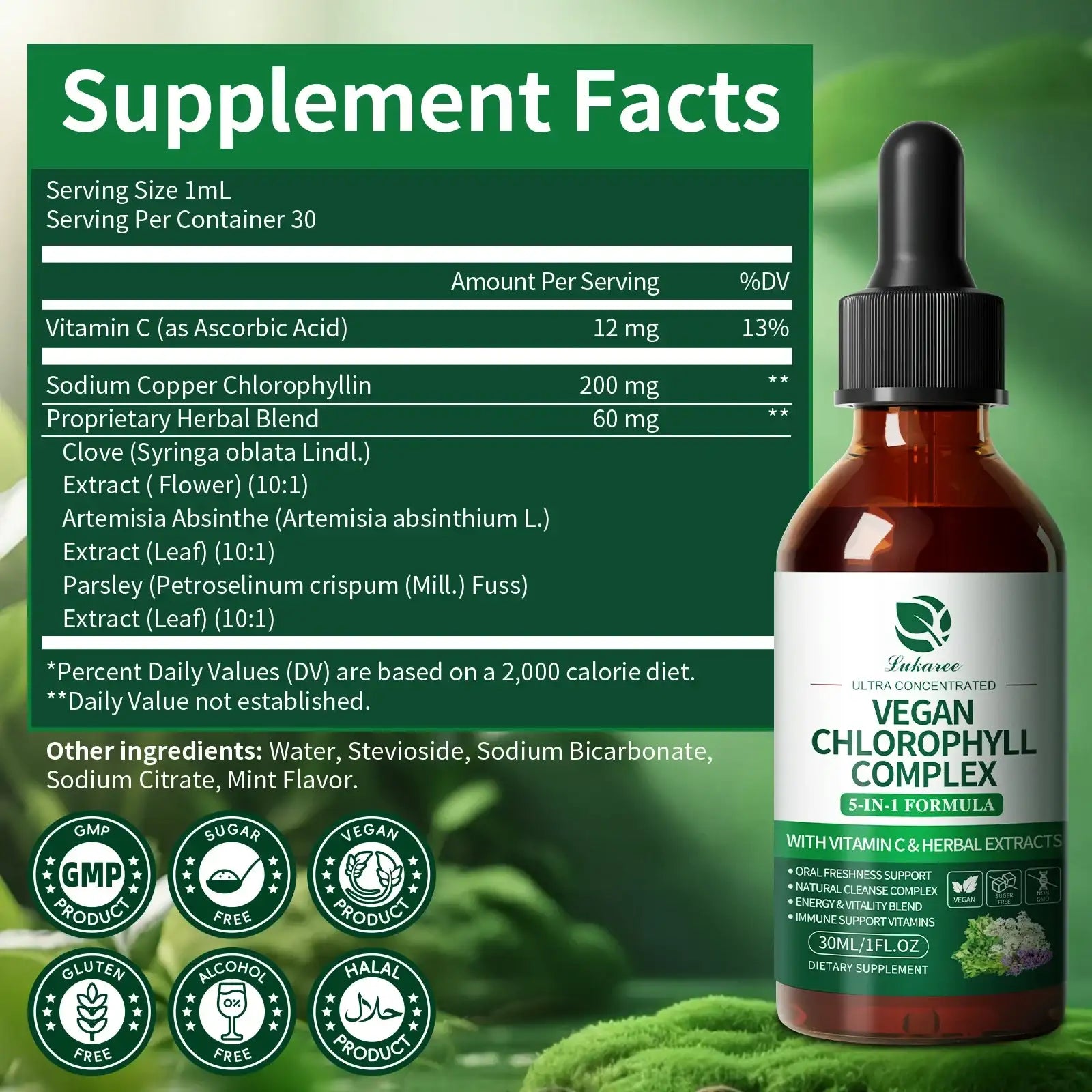 Lukaree 30MLChlorophyll Liquid Drops Supports Natural Cleansing & Immune, Internal Deodorant,Skin & Gut Health,Vegan,Sugar-Free
